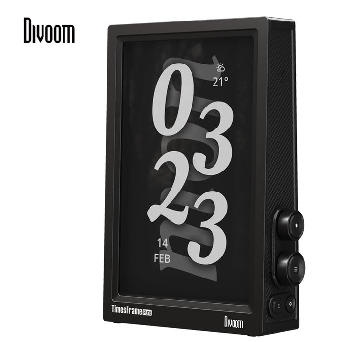 Times Frame Pure, black vertical digital display with oversized white clock numbers, weather and date icons, smartphone app controlled, modern desk or bedside decor