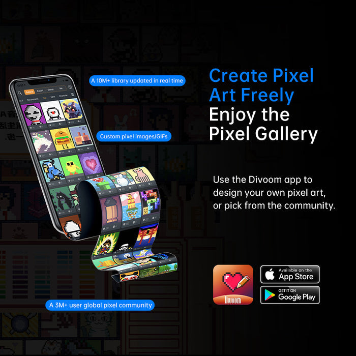 Times Frame Pure, smartphone with a scrolling pixel art gallery and colorful community GIF designs on a dark background, smartphone app controlled, creative studio decor