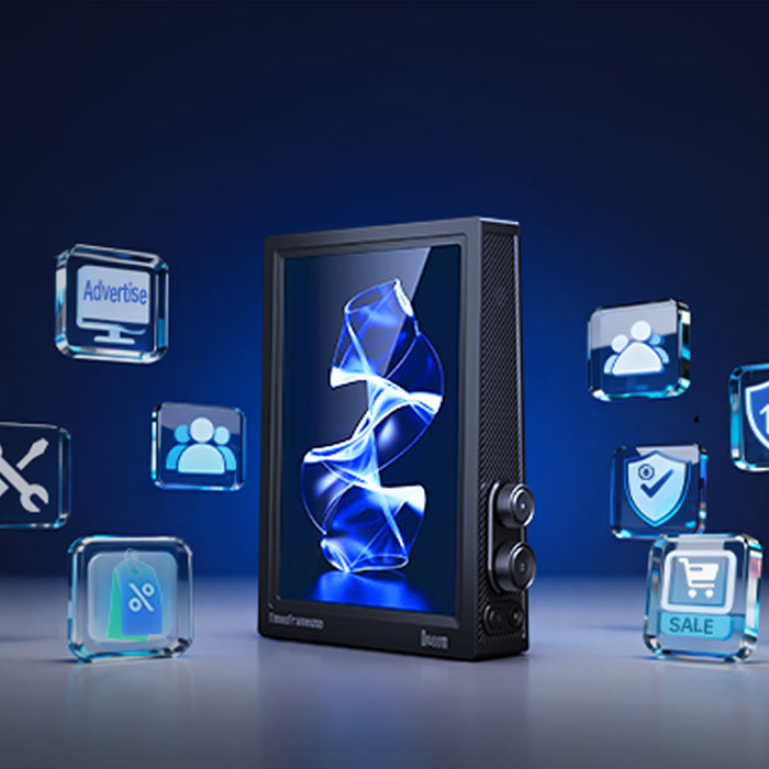 Times Frame Pure, black digital frame with a glowing blue abstract ribbon display surrounded by floating ecommerce app icons, smartphone app controlled, desktop tech decor
