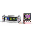 Divoom Times Gate & Ditoo Pro, silver multi-screen cyber clock beside a pink pixel speaker with a heart-eyed cat face, smartphone app controlled, desk setup decor