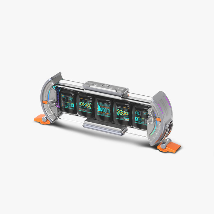 Divoom Times Gate | Pixel Art Informative Display, futuristic silver multi-screen display with cyan dashboard graphics and orange feet, smartphone app controlled, desk setup decor
