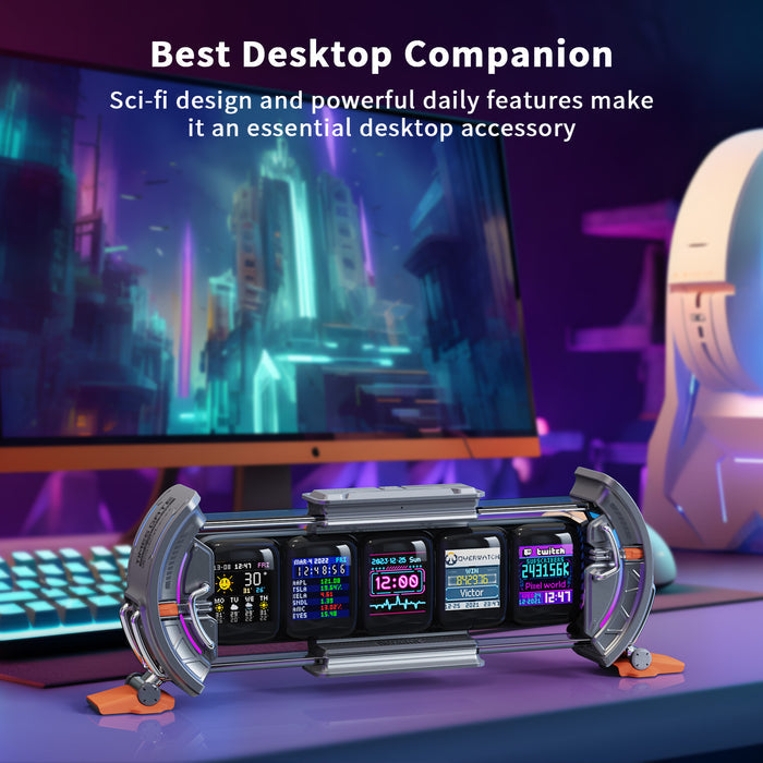 Divoom Times Gate | Pixel Art Informative Display, sci-fi multi-screen display with clock, weather, stats and neon app panels on a gaming desk, smartphone app controlled, desktop setup decor