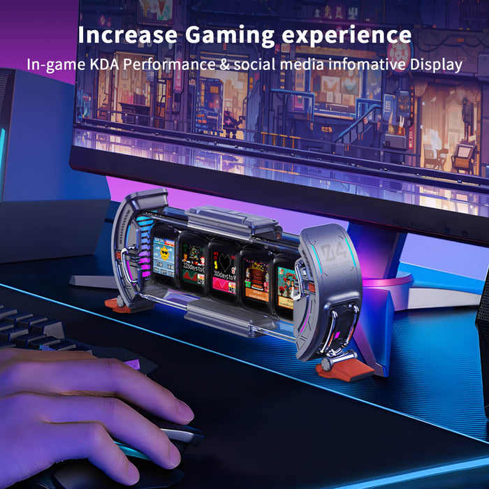 Divoom Times Gate | Pixel Art Informative Display, futuristic multi-screen pixel dashboard with colorful stat panels on a neon-lit desk, smartphone app controlled, gaming setup decor