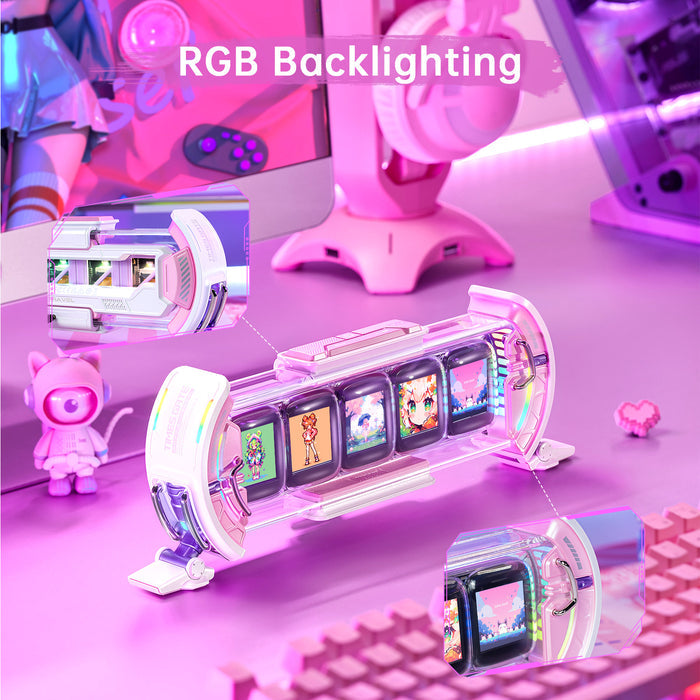 Divoom Times Gate, transparent cyber-style display with RGB backlighting and five colorful pixel art screens on a pink gaming desk, smartphone app controlled, kawaii setup decor