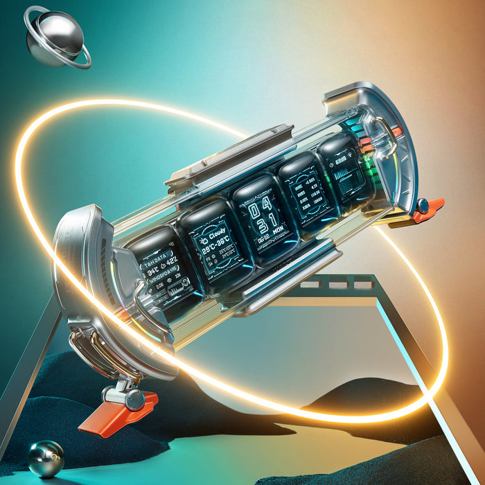 Divoom Times Gate | Pixel Art Informative Display, futuristic transparent tube design with five glowing data screens and orbit light ring, smartphone app controlled, sci-fi desk decor