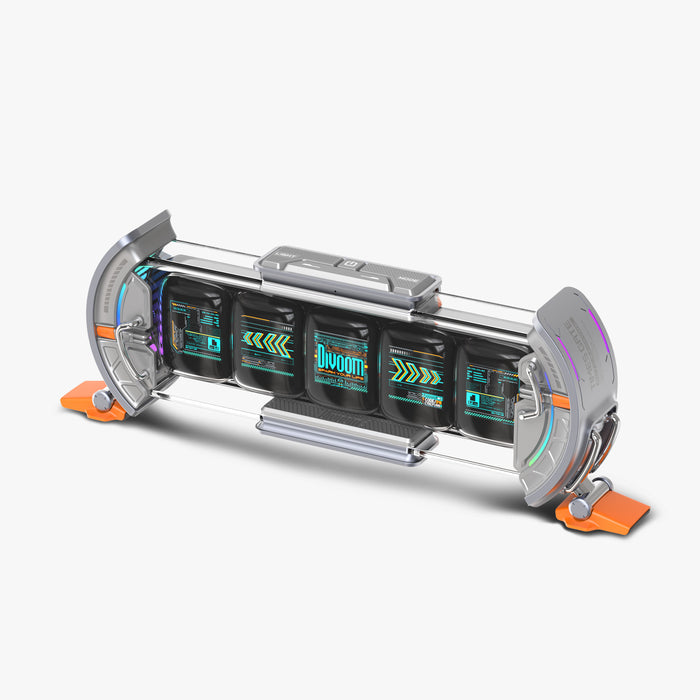 Divoom Times Gate | Pixel Art Informative Display, futuristic silver multi-screen display with cyber UI graphics, smartphone app controlled, desk setup decor