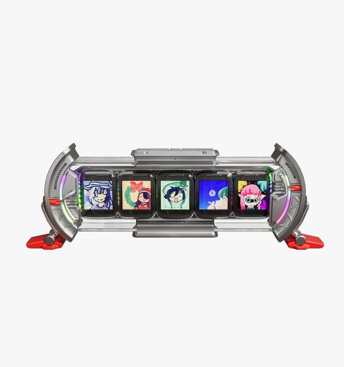 Divoom Times Gate | Pixel Art Informative Display, futuristic gray display with five colorful pixel art character screens and glowing side lights, smartphone app controlled, gaming desk decor