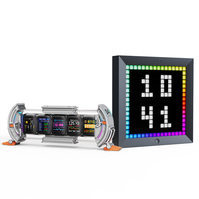 Divoom Times Gate & Pixoo, futuristic silver dashboard display with five mini data screens beside a pixel clock with rainbow border on white, smartphone app controlled, desk decor