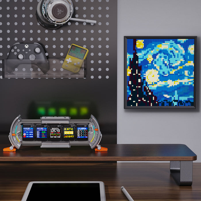 Divoom Times Gate & Pixoo64, retro dashboard display on a desk with a pixel art starry night wall panel, smartphone app controlled, gaming room decor