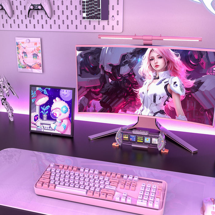 Divoom Times Gate & Pixoo64, pixel astronaut animation beside a futuristic multi-screen clock on a pink RGB gaming desk, smartphone app controlled, cyberpunk PC setup decor