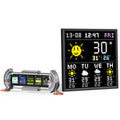 Divoom Times Gate & Pixoo64, futuristic silver multi-screen display beside a black pixel weather board with sun, forecast icons, date and temperature, smartphone app controlled, desktop setup decor