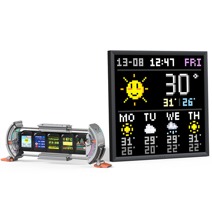 Divoom Times Gate & Pixoo64, futuristic silver multi-screen display beside a black pixel weather board with sun, forecast icons, date and temperature, smartphone app controlled, desktop setup decor