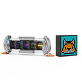 Divoom Times Gate & Timebox-Evo, futuristic silver multi-screen dashboard display beside a black pixel art cube with an orange cat icon, smartphone app controlled, gaming desk decor