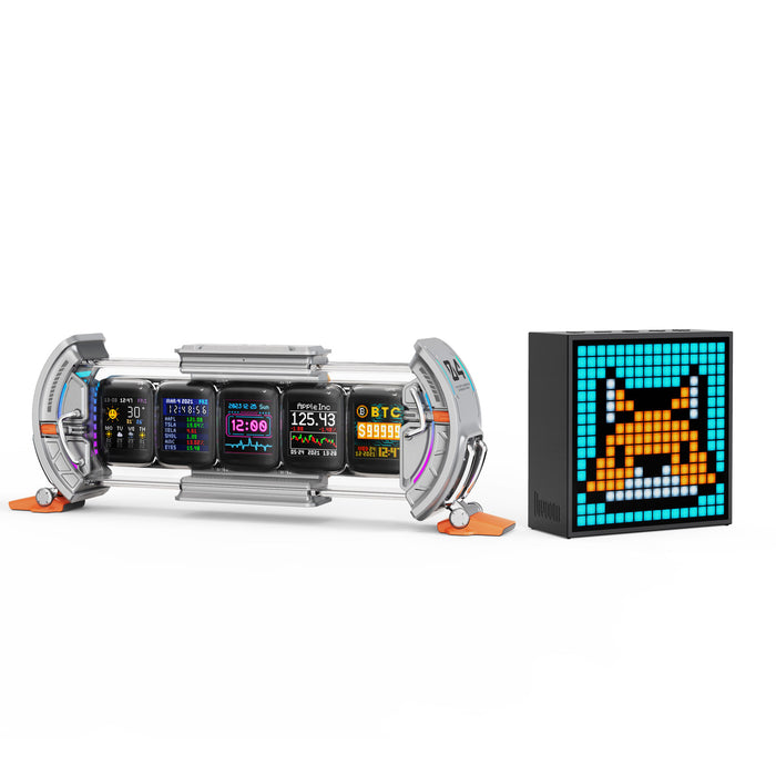 Divoom Times Gate & Timebox-Evo, futuristic silver multi-screen dashboard display beside a black pixel art cube with an orange cat icon, smartphone app controlled, gaming desk decor