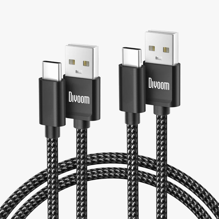 Divoom USB Type C Charging Power Cord, black braided cable with USB-A and USB-C connectors on a clean white background, smartphone app controlled, desk charging setup decor