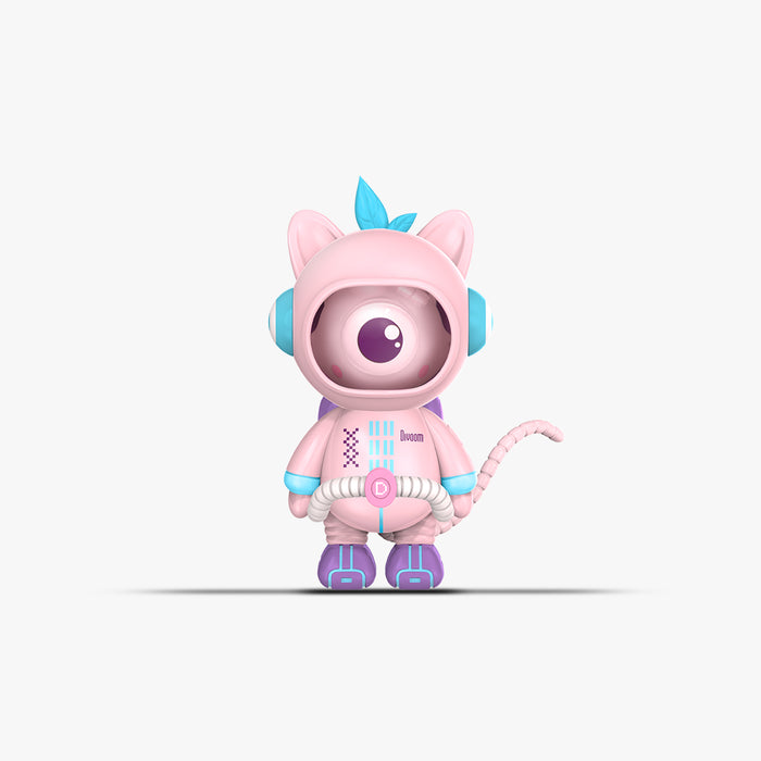 Divooo-The Divoom Mascot, a pink astronaut cat figure with one large eye, blue headset accents, purple boots, and curled tail, smartphone app controlled, desk decor