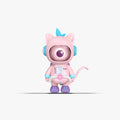 Divooo-The Divoom Mascot, a pink astronaut cat figure with one large eye, blue headset accents, purple boots, and curled tail, smartphone app controlled, desk decor