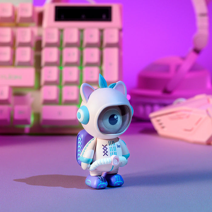 Divooo-The Divoom Mascot, a white and blue cat-eared astronaut figure on a neon-lit desk beside a keyboard, smartphone app controlled, gaming setup decor