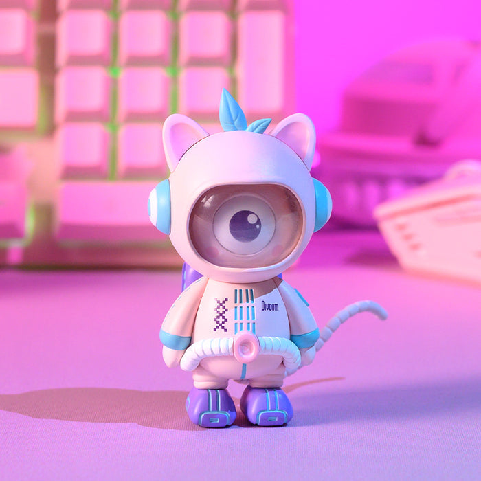Divooo-The Divoom Mascot, a white and blue astronaut cat figure with a single large eye in pink neon lighting, smartphone app controlled, gaming desk decor
