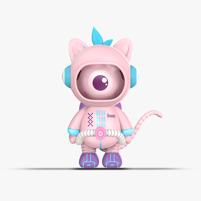 Divooo-The Divoom Mascot, a pink space-cat figure with one large purple eye, blue headset accents, and purple boots on a white background, smartphone app controlled, desktop decor