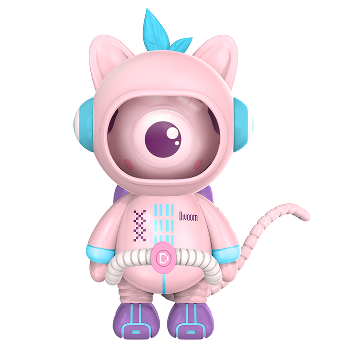 Divooo-The Divoom Mascot, a pink one-eyed astronaut-style figure with cat ears, blue accents, purple boots and a curled tail, smartphone app controlled, desk decor