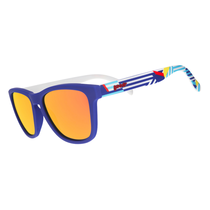 Three-quarter angle view of blue shades with a geometric nautical-inspired design and burnt-orange reflective lenses.