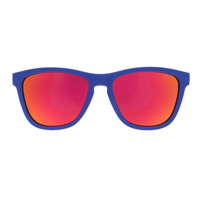 Front view of blue sunglasses with amber reflective lenses.