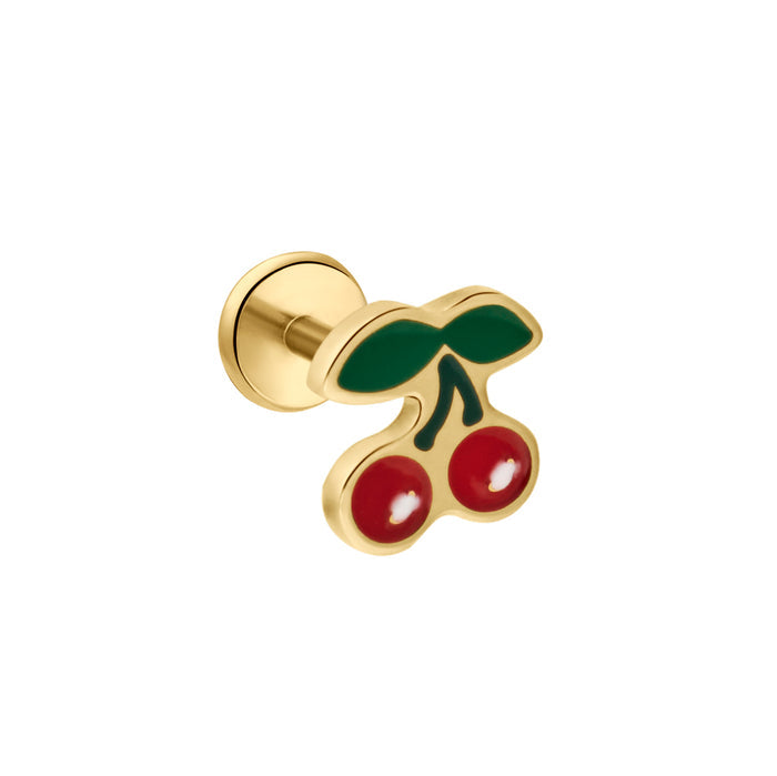 Enamel and gold double-cherry-shaped flat back stud on a white background