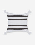 #color::black | Fez indoor and outdoor white throw pillow with weather-resistant fabric, black stripes, and fringe on all four corners