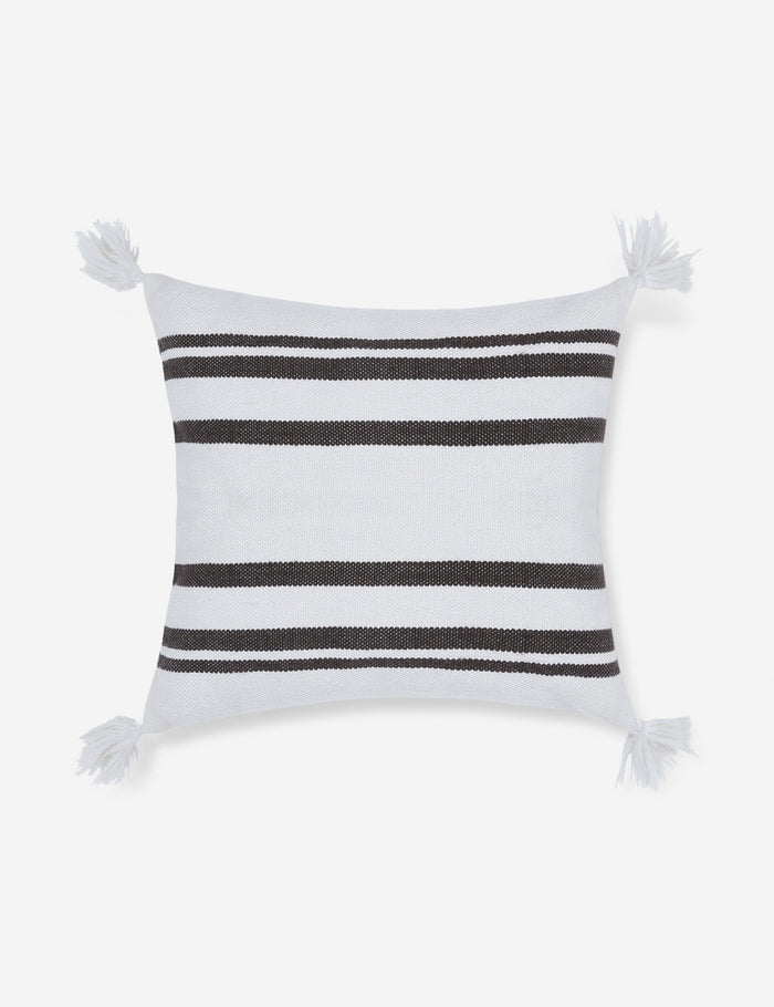 #color::black | Fez indoor and outdoor white throw pillow with weather-resistant fabric, black stripes, and fringe on all four corners