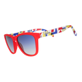 Three-quarter angle view of red sunglasses with multi-colored arms depicting maritime signal flags, and blue gradient lenses.
