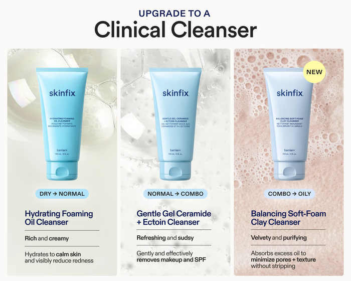 Upgrade to a Clinical Cleanser comparison graphic featuring three Skinfix barrier+ cleansers in light blue tubes: Hydrating Foaming Oil Cleanser (Dry to Normal), Gentle Gel Ceramide + Ectoin Cleanser (Normal to Combo), and Balancing Soft-Foam Clay Cleanser (Combo to Oily, marked New), with key texture and benefit callouts for each.