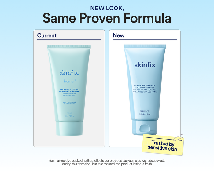 Side-by-side packaging comparison of current and new Skinfix Gentle Gel Ceramide + Ectoin Cleanser, with text reading: New Look, Same Proven Formula. You may receive packaging that reflects our previous branding as we reduce waste during this transition — but rest assured, the product inside is fresh.