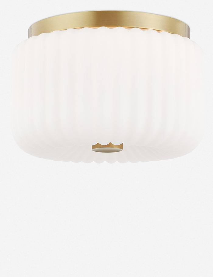 | Harissa white ribbed flush mount light with brass detail