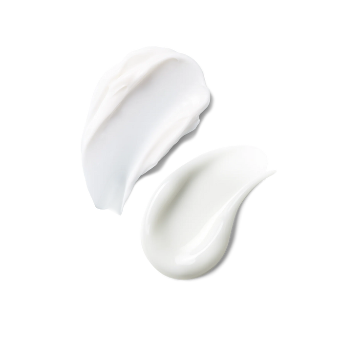 Texture swatches of Skinfix Triple Lipid-Peptide Cream and Triple Lipid Eye Treatment–two thick, white creams–on transparent background.