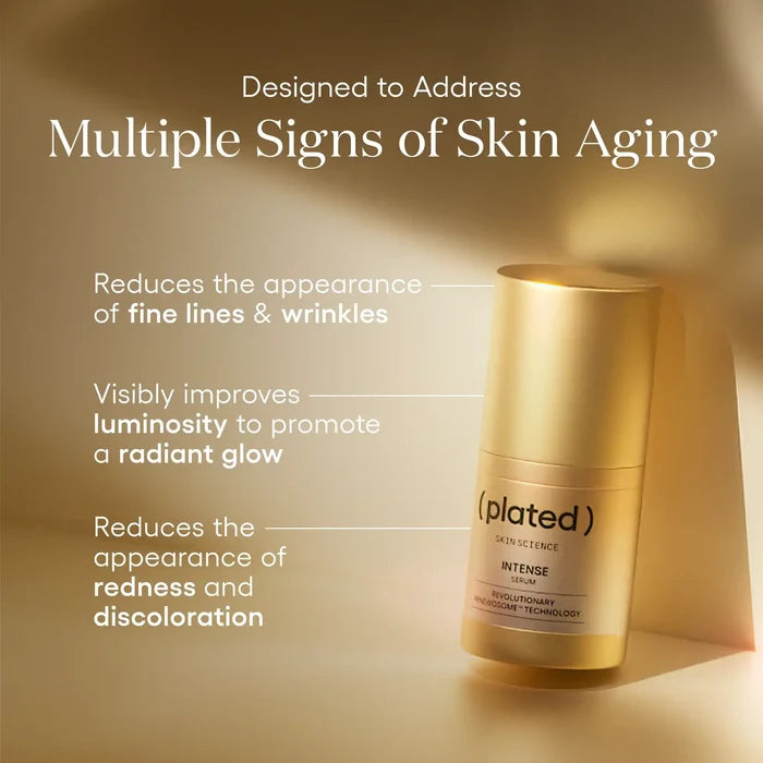 Gold INTENSE Serum skincare bottle on a beige background with text about what this serum addresses.
