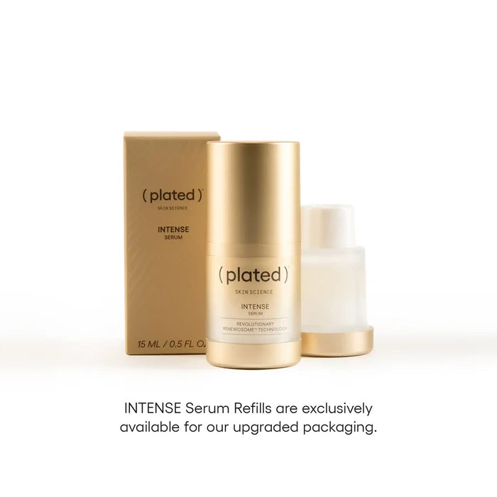 INTENSE Serum 15 mL bottle, refill cartridge and packaging with text stating refills are only available for the latest version of the INTENSE bottle.
