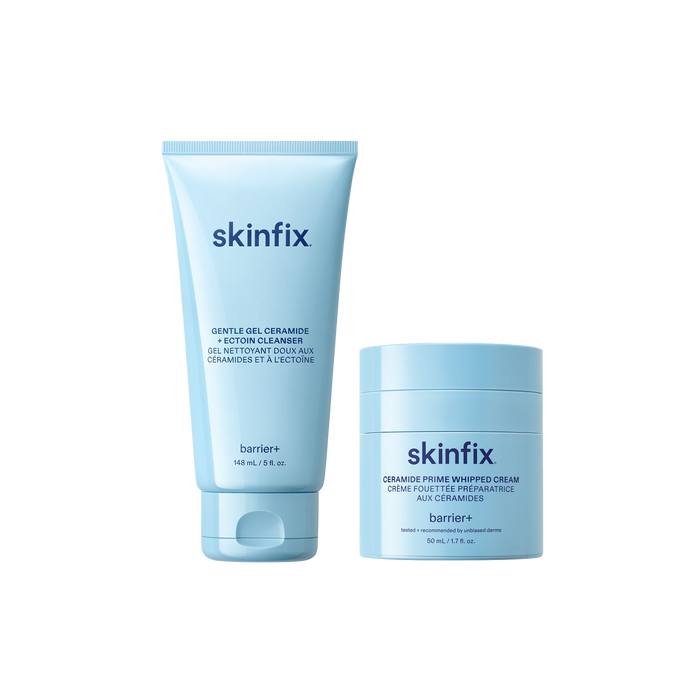 Skinfix Ceramide + Ectoin Gentle Gel Cleanser (150 mL) and Ceramide Prime Whipped Cream (50 mL), both in light blue packaging with navy text, on a transparent background.