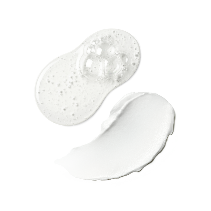 Texture swatches of the Skinfix Ceramide + Ectoin Gentle Gel Cleanser (a clear, bubbly gel) and Ceramide Prime Whipped Cream (a whipped, white cream), on a transparent background.