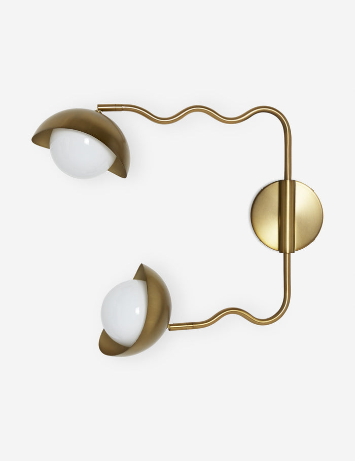#color::brass | Side view of the Kukka modern wavy adjustable two arm wall sconce in brass