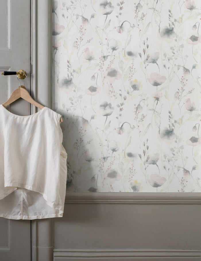 #color::pastel | The Scalamandre Lo soft and pastoral gray toned floral wallpaper is in a room with greyish green accented walls
