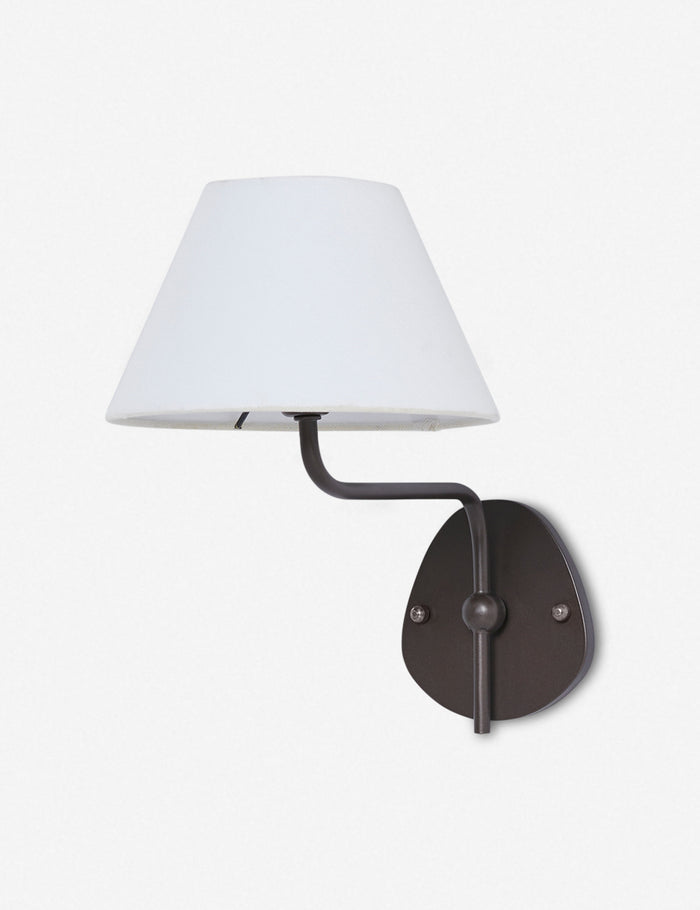 #color::white #finish::bronze | Magdalene black single sconce with a white linen shade, a round wall mount, and an arched arm