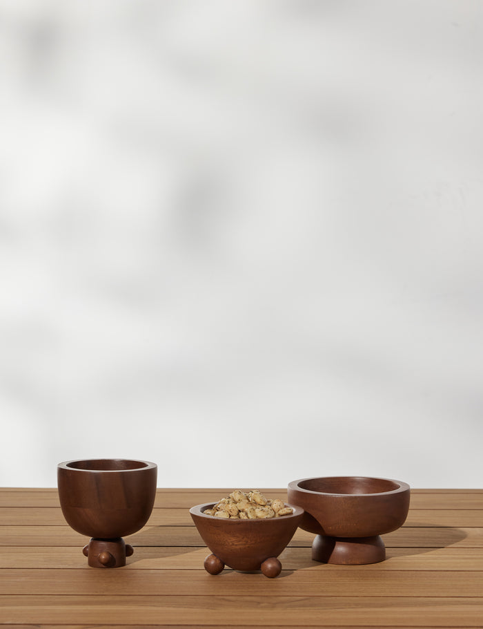 #color::acacia | Set of three mini footed walnut bowls by Sarah Sherman Samuel