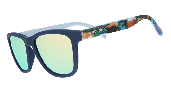 Navy sunglasses with blue reflective lenses and colorful National Park Foundation artwork on the temples.