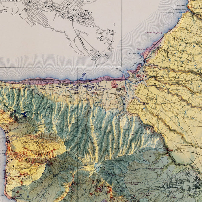 Oahu 1938 Shaded Relief Map - No Frame - North Drinkware
