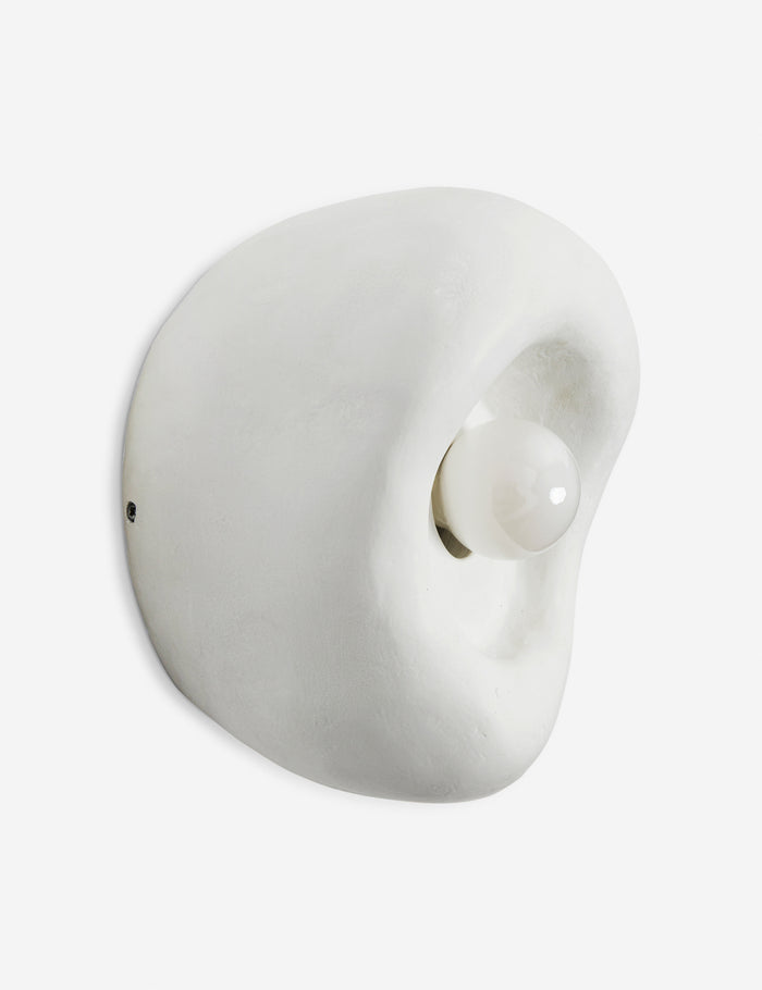 #color::white #size::single | Side view of the Odette round matte white sculptural wall sconce