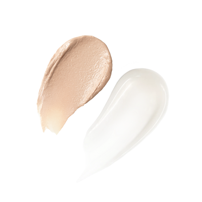 Texture swatches of the Skinfix Balancing Soft-Foam Clay Cleanser (a smooth, beige clay) and Barrier Balancing Water Cream (a lightweight, white cream), on a transparent background.