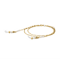 A coiled gold glasses chain with freshwater pearl beads and silicone loops on the end on a white background.