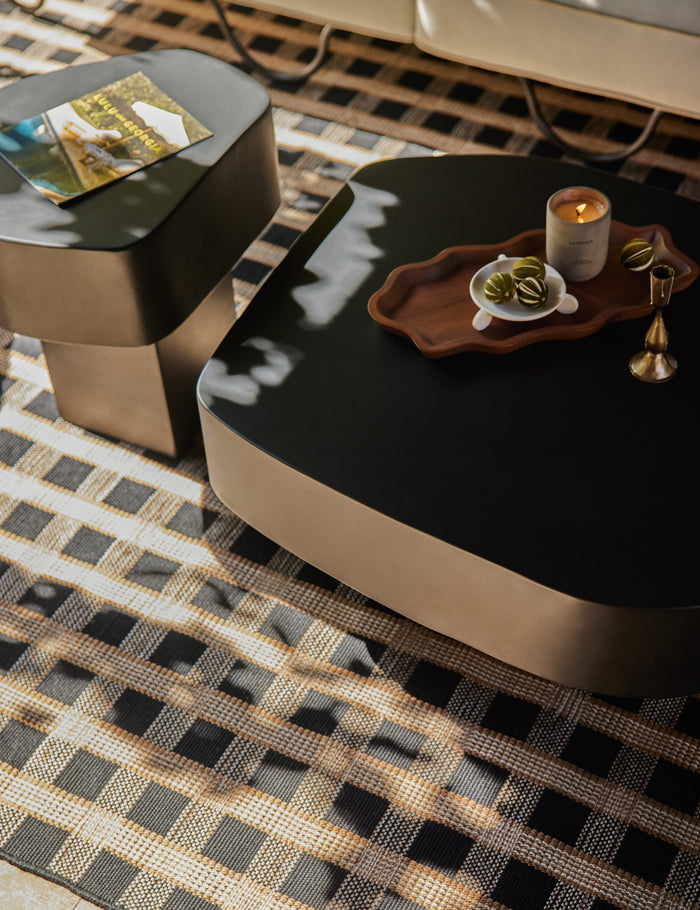 #color::acacia | Ruffle walnut wood Serving Tray by Sarah Sherman Samuel styled on a coffee table
