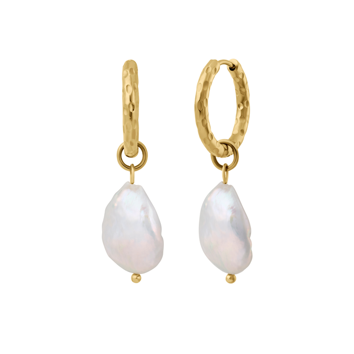 Gold hoop earrings with baroque-shaped pearls on a white background